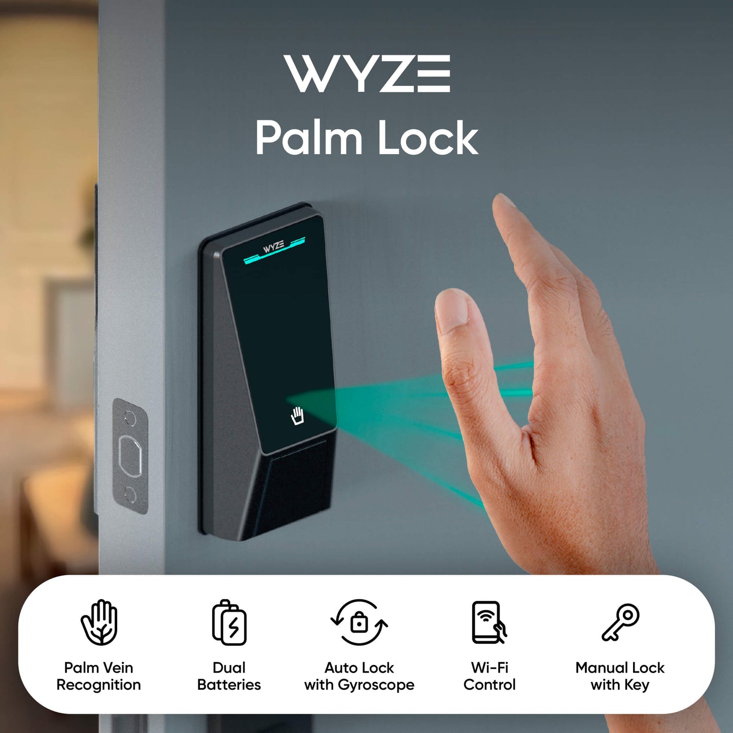 Wyze Palm Lock with hand gesture on a gray wall background