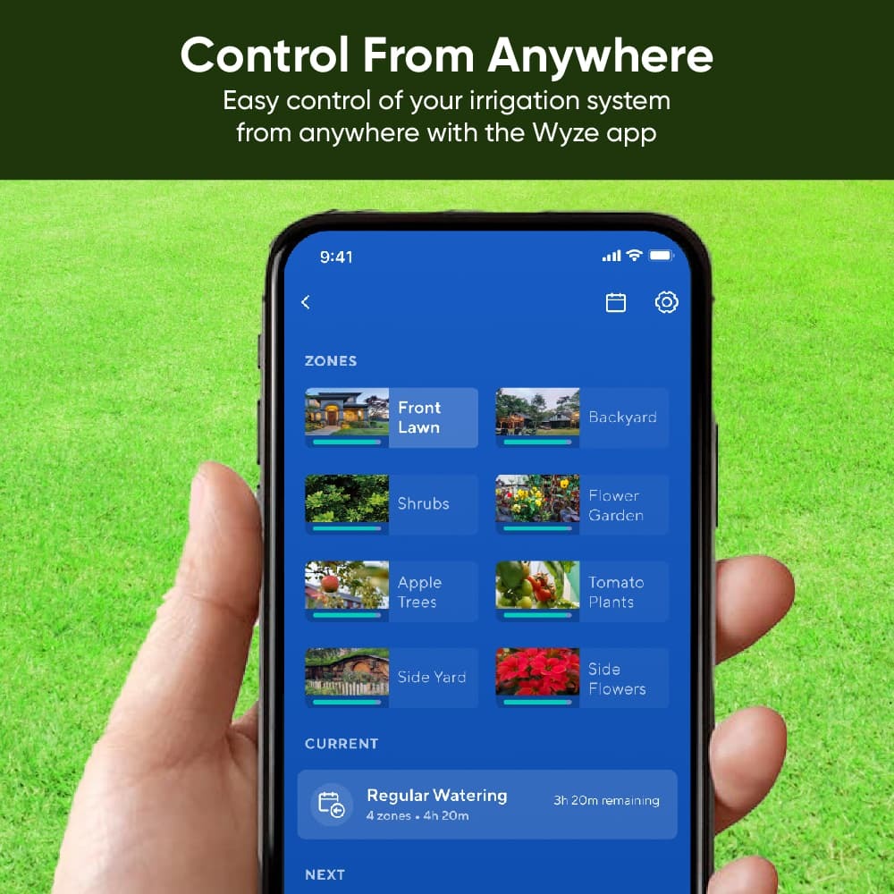 Hand holding up a smartphone with the designated zones in the Wyze app sprinkler dashboard. Text overlay that says "Control from anywhere."
