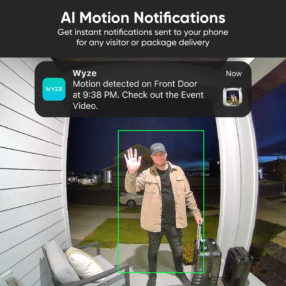 Guest arriving at house, waving his hand at the camera, and an overlay of a smart phone notification