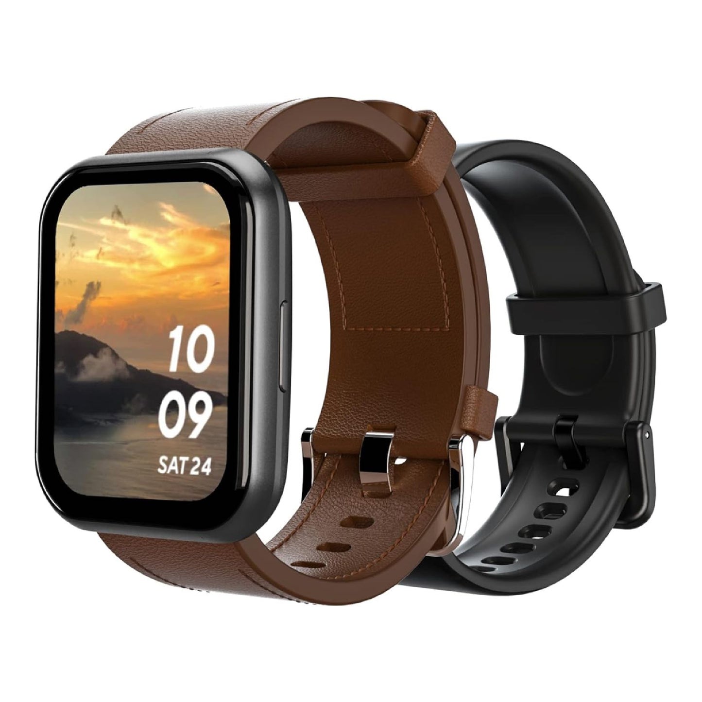 Black Wyze Watch 47c. Shows a brown leather strap and smart digital interface with an app screen open. An additional black silicon strap is shown. 