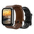 Black Wyze Watch 47c. Shows a brown leather strap and smart digital interface with an app screen open. An additional black silicon strap is shown. 