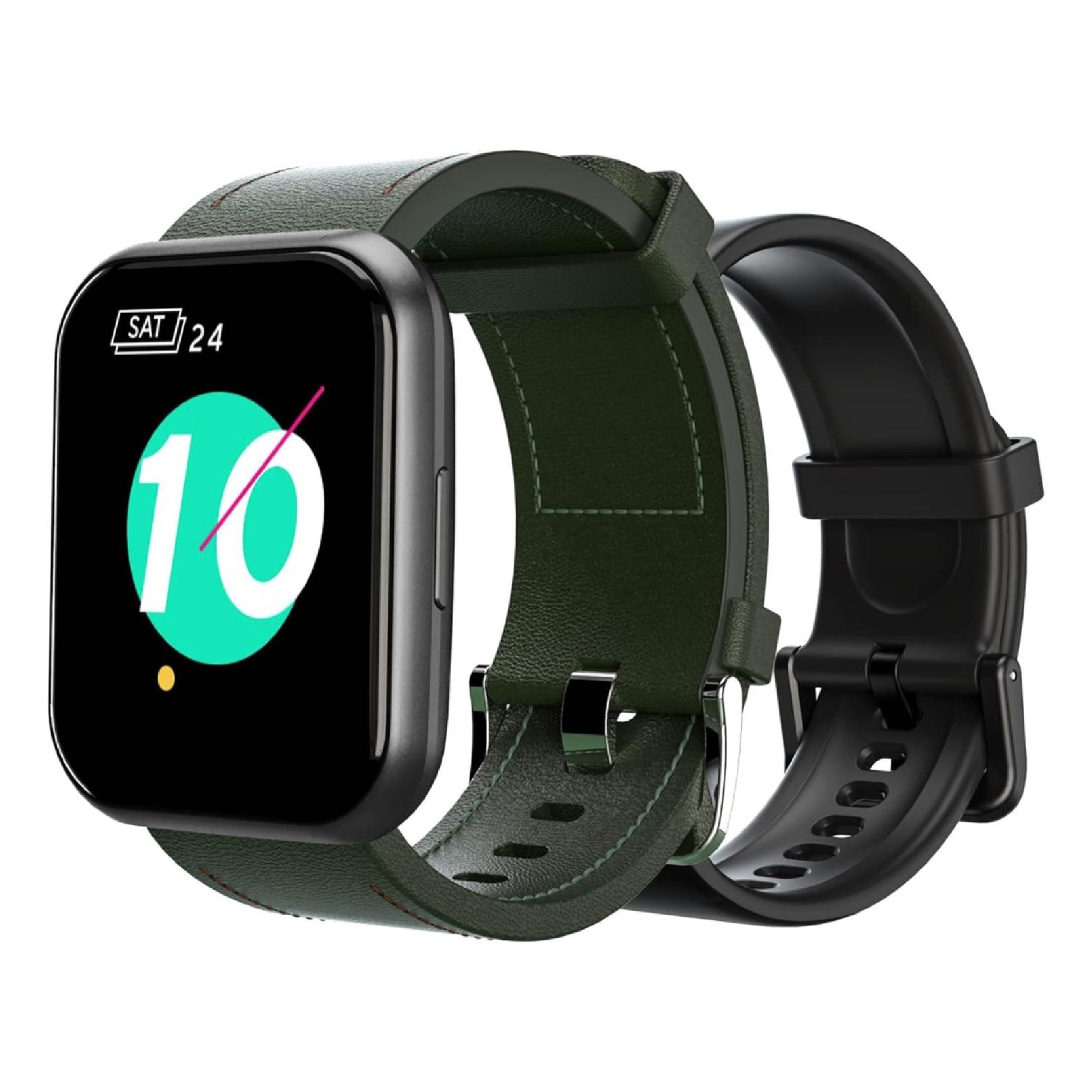 Black Wyze Watch 47c. Shows a forest green leather strap and smart digital interface with an app screen open. An additional black silicon strap is shown. 