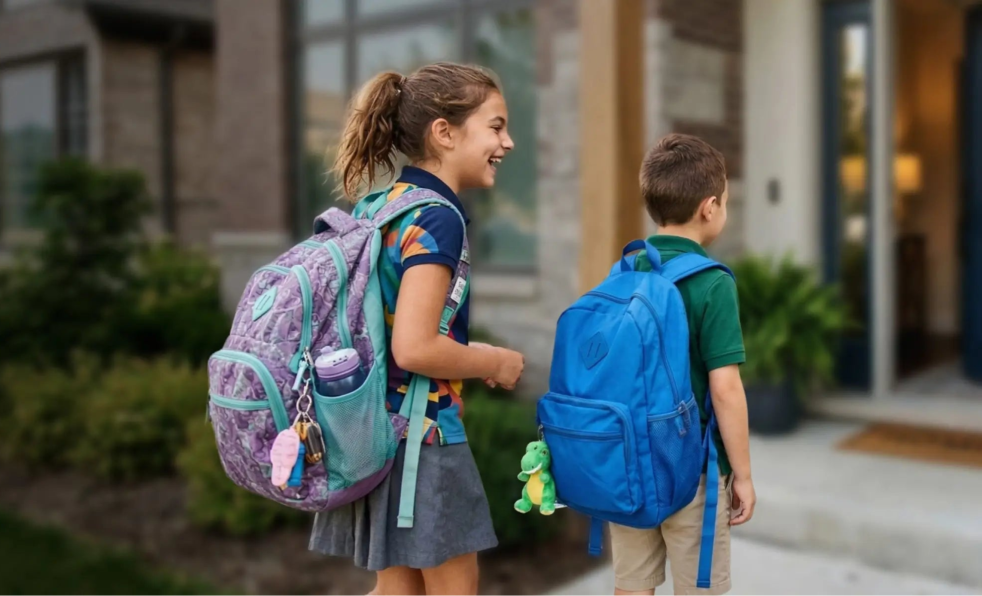 Two children walking outdoors with school backpacks. The girl wears a purple patterned backpack and a blue patterned shirt, and the boy wears a solid blue backpack.
