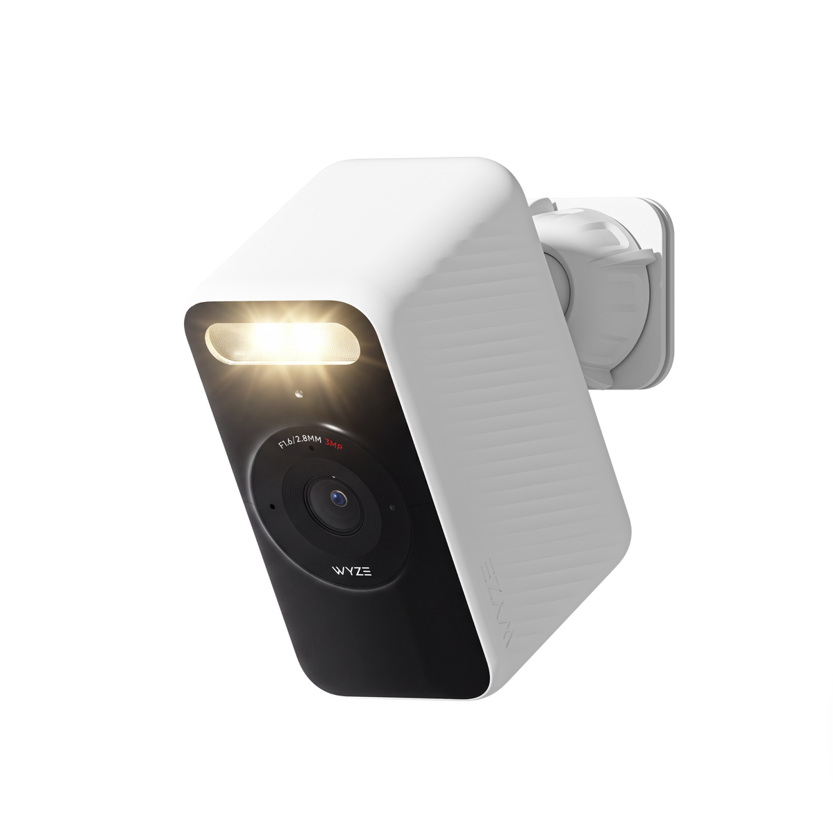 White Wyze Battery Cam shown at an angle with its spotlight illuminated and wall mount attached.