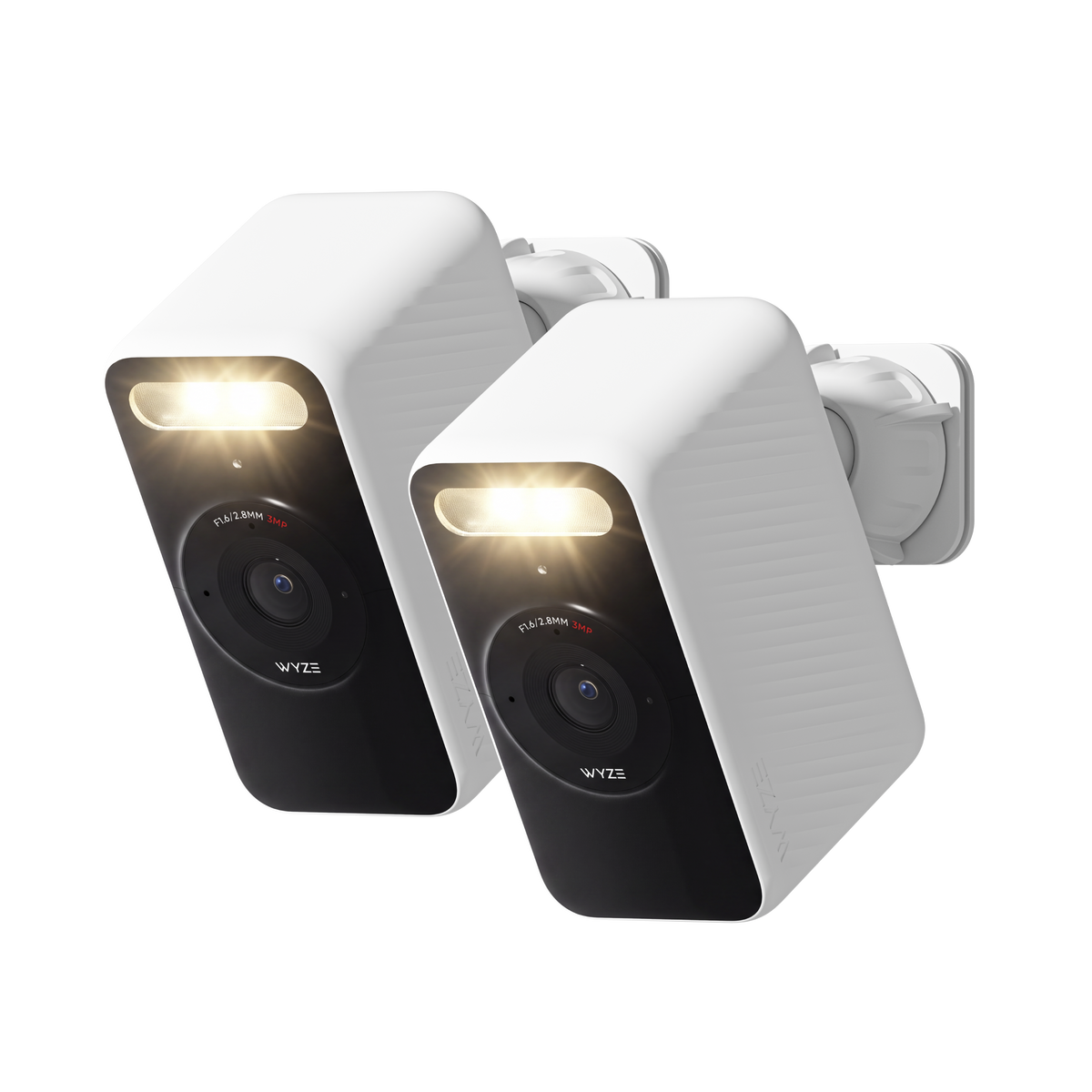  Two white Wyze Battery Cams shown at an angle with its spotlight illuminated and wall mount attached.