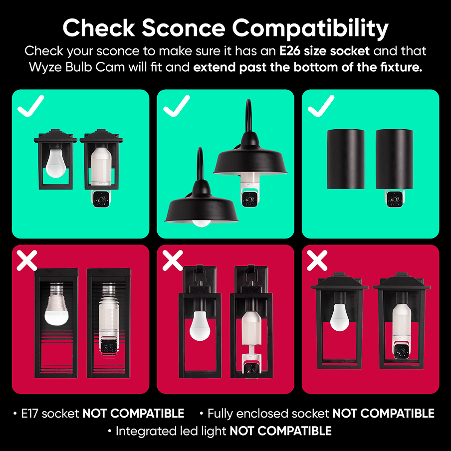 Sconce compatibility guide for Wyze Bulb Cam. Works with open-bottom sconces, barn lights and open cylinder fixtures that have an E26 socket, where the camera extends past the bottom of the fixture. Not compatible with E17 sockets, fully enclosed fixtures, or integrated LED lights.