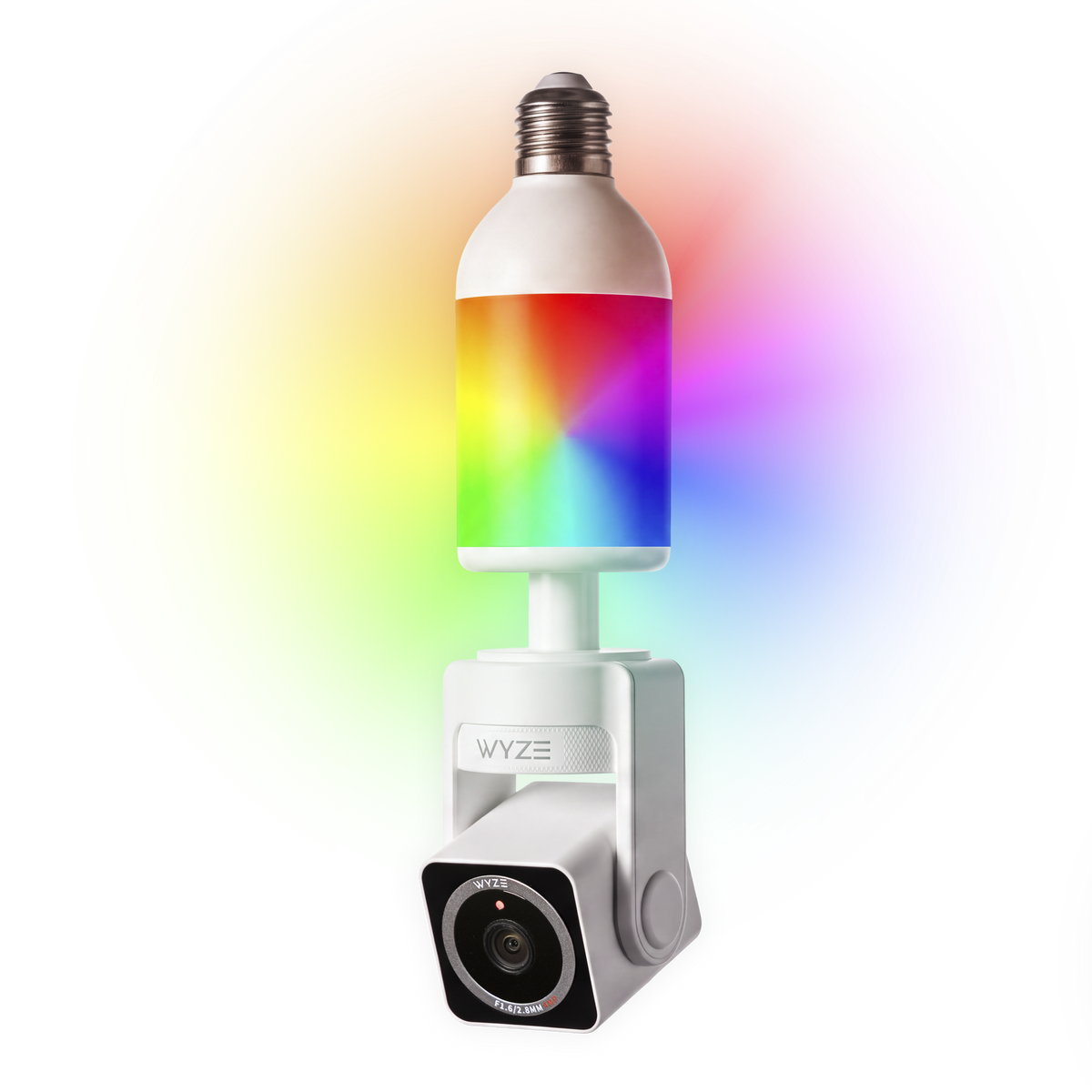 Wyze Bulb Cam Pan Color with a rainbow-illuminated bulb and an adjustable security camera below.
