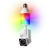 Wyze Bulb Cam Pan Color with a rainbow-illuminated bulb and an adjustable security camera below.