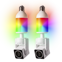 Two Wyze Bulb Cam Pan Color swith a rainbow-illuminated bulb and an adjustable security camera below.