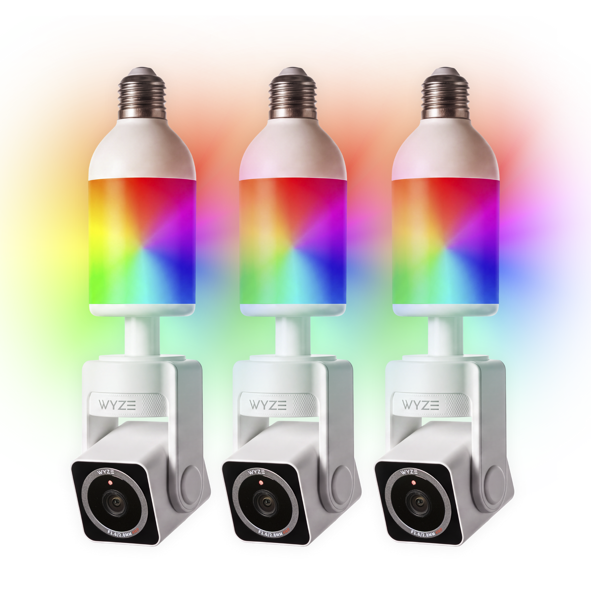 Three Wyze Bulb Cam Pan Color swith a rainbow-illuminated bulb and an adjustable security camera below.