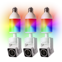 Three Wyze Bulb Cam Pan Color swith a rainbow-illuminated bulb and an adjustable security camera below.