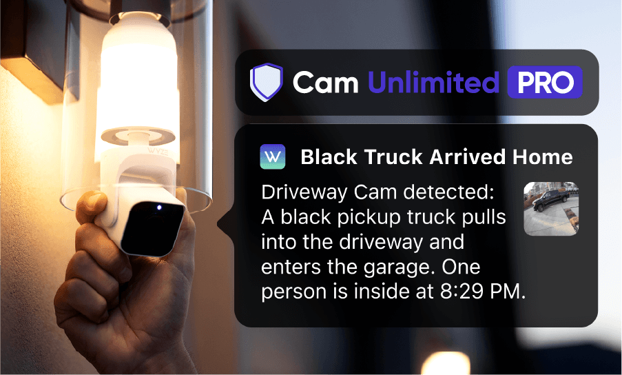 Hand adjusting bulb camera with text overlay about Cam Unlimited Pro and a phone notification.