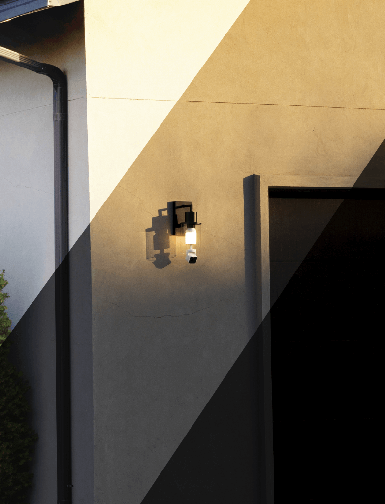 Wyze Bulb Cam shown in outdoor fixture that is split between the morning, evening, and night.