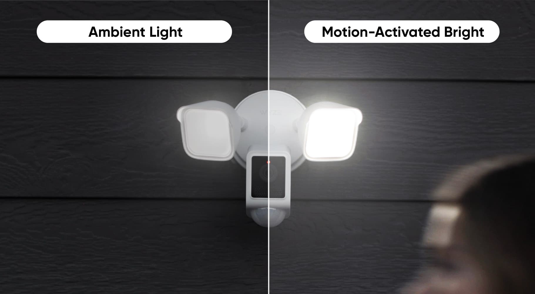 A motion-activated floodlight mounted on a wall.