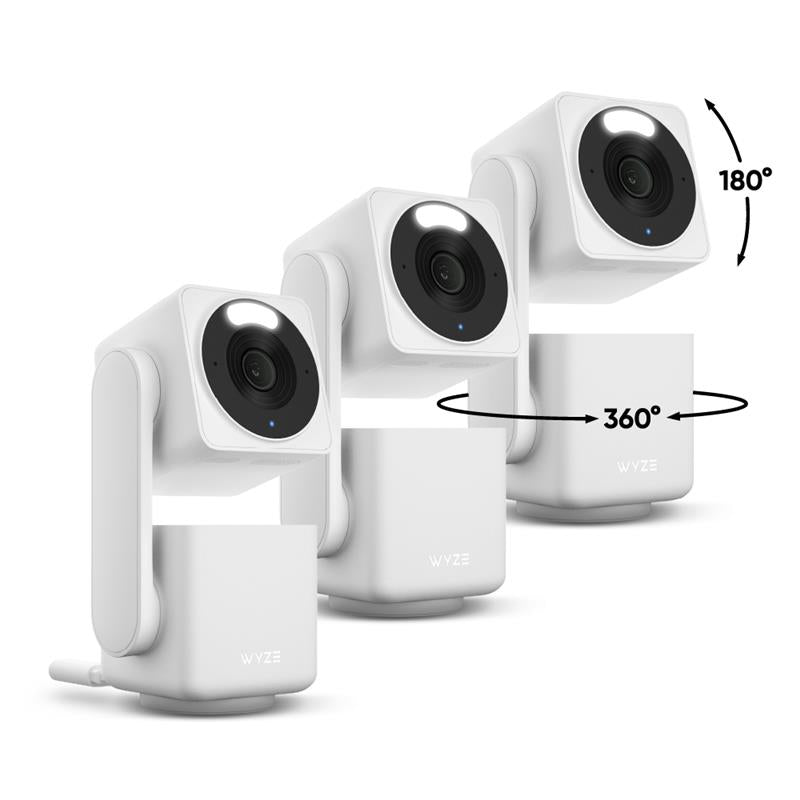Four white security cameras with rotation capabilities on a white background
