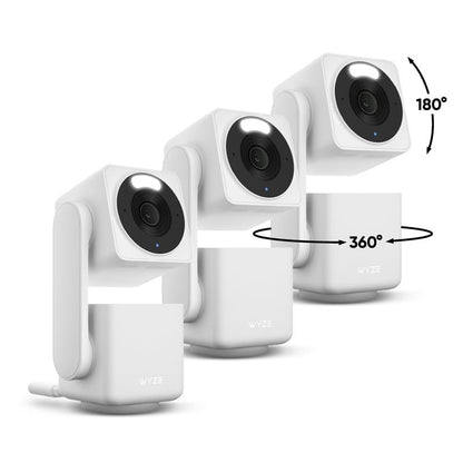 Four white security cameras with rotation capabilities on a white background