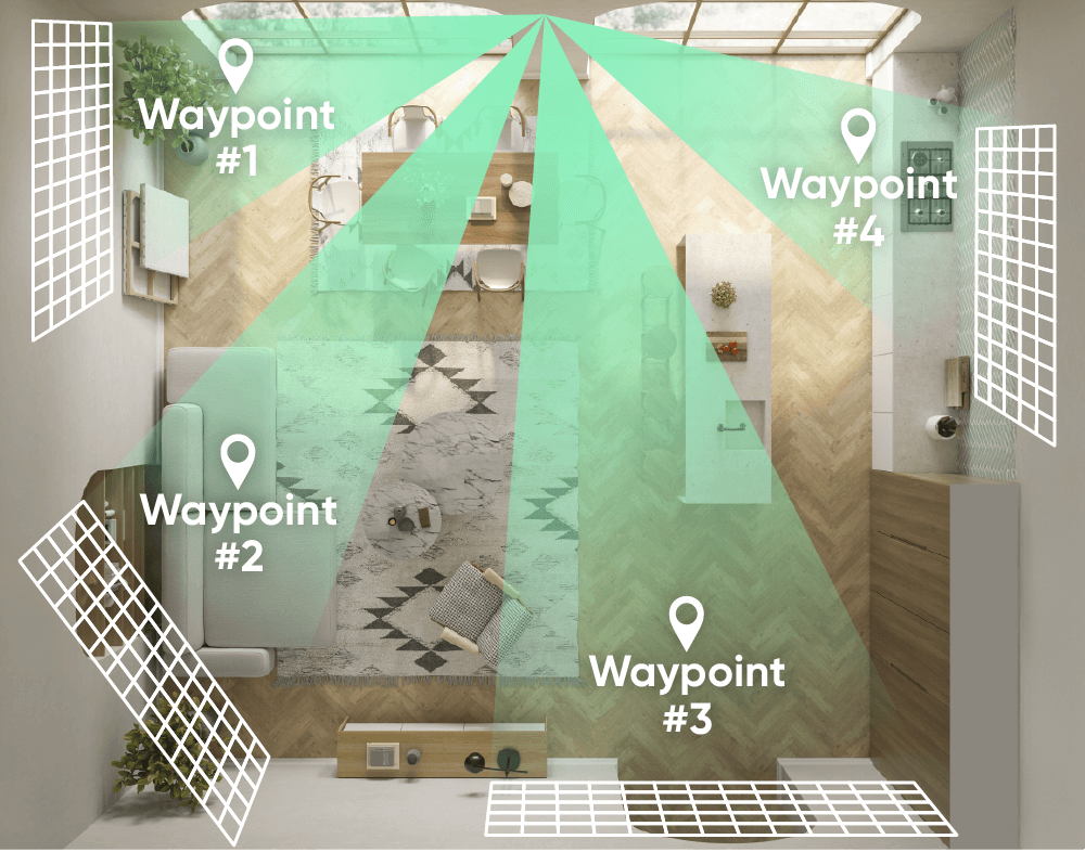 A map of a bathroom with a green arrow pointing to the Waypoint.