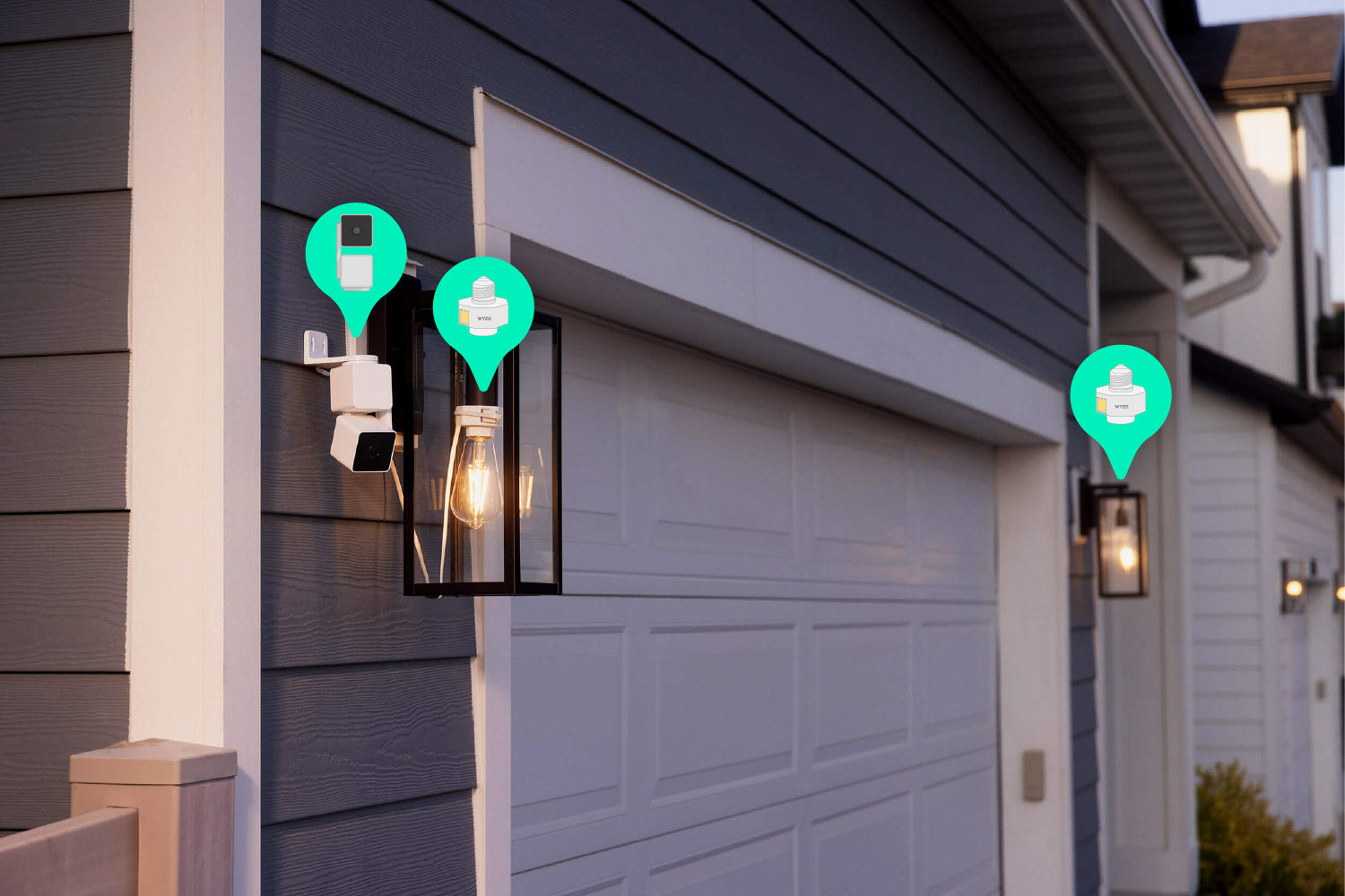 A Wyze Lamp Socket v2 is hanging on the side of a garage.