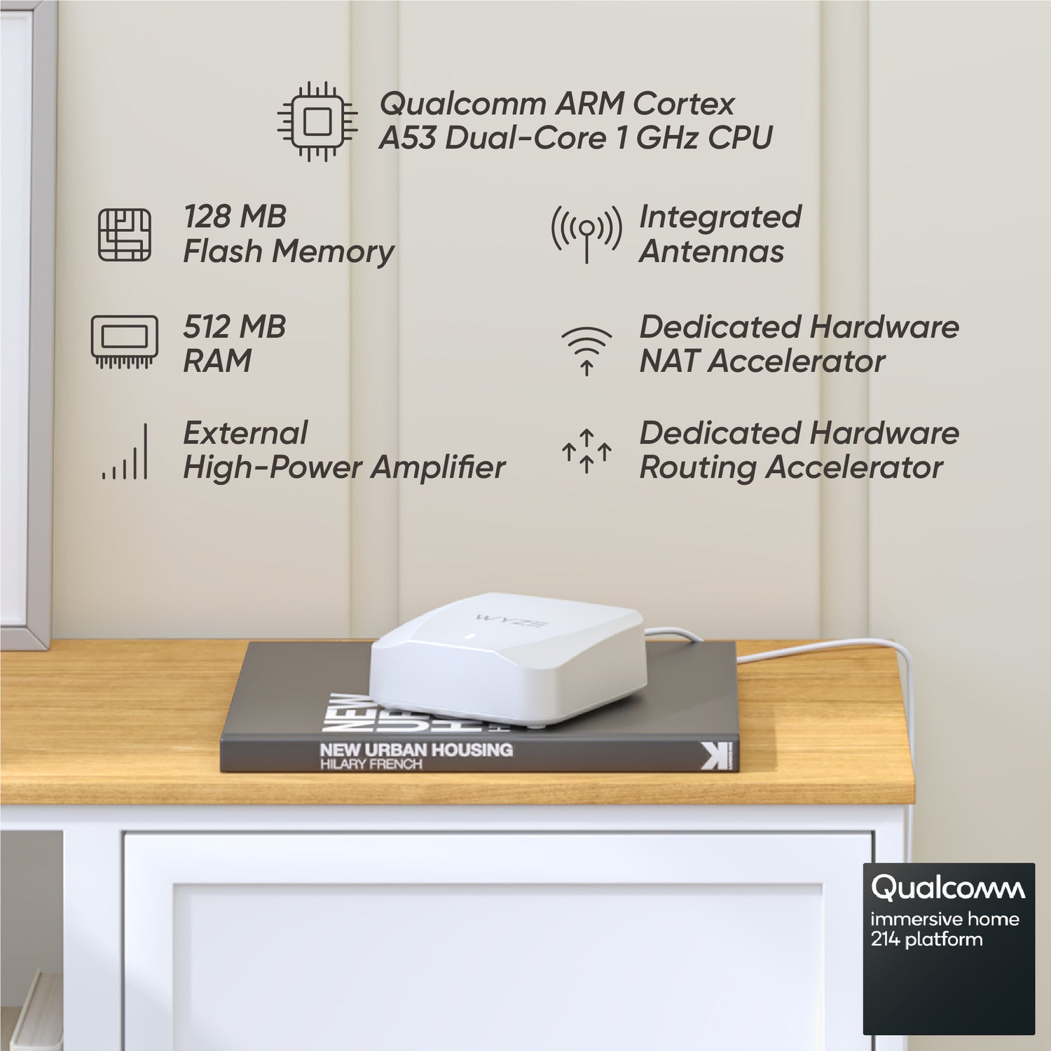 Wyze Mesh Router on a nightstand with a list of its major internal components.