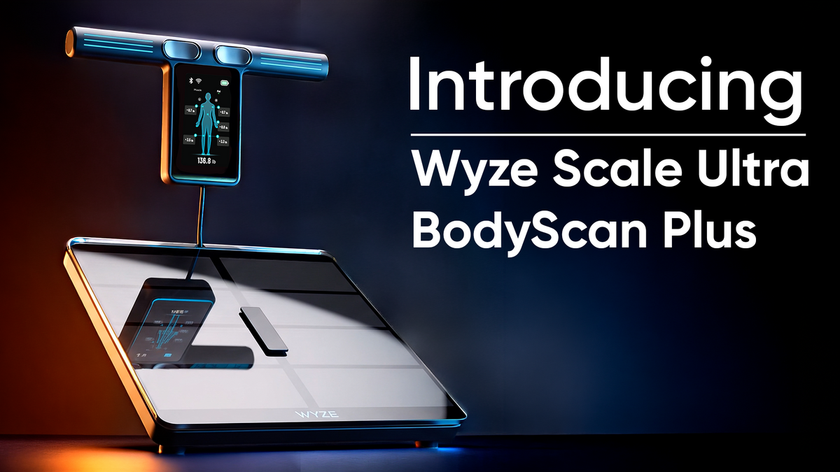 Cargar video: Person standing on wyze scale Ultra BodyScan. Graphic shows 13 essential body metrics, weight, bone mass, body water %, lean body mass, muscle mass percent, visceral fat, body fat %, basal metabolic rate, metabolic age, BMI, protein level, heart rate that can be tracked using the scale.