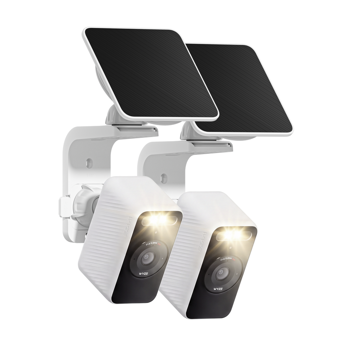Two white Wyze Solar Cam with its spotlight illuminated and solar panel mounted above on a wall bracket.