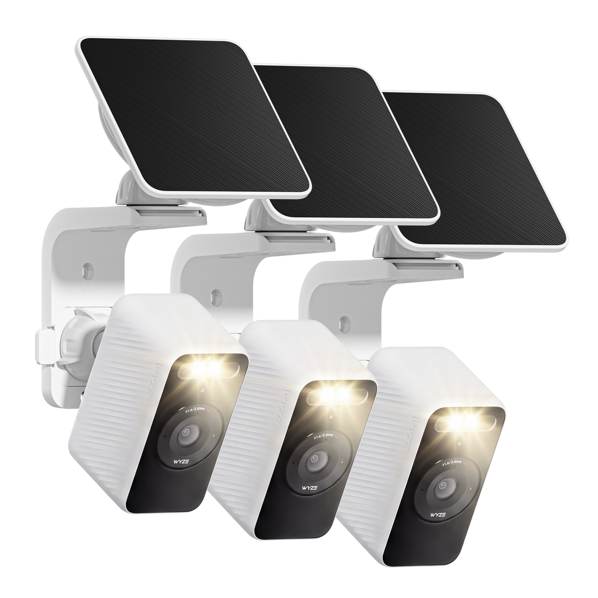 Three white Wyze Solar Cam with its spotlight illuminated and solar panel mounted above on a wall bracket.