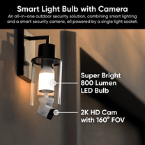 A smart light bulb with camera that is an all-in-one outdoor security solution.