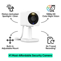 A white camera with a light on the front.