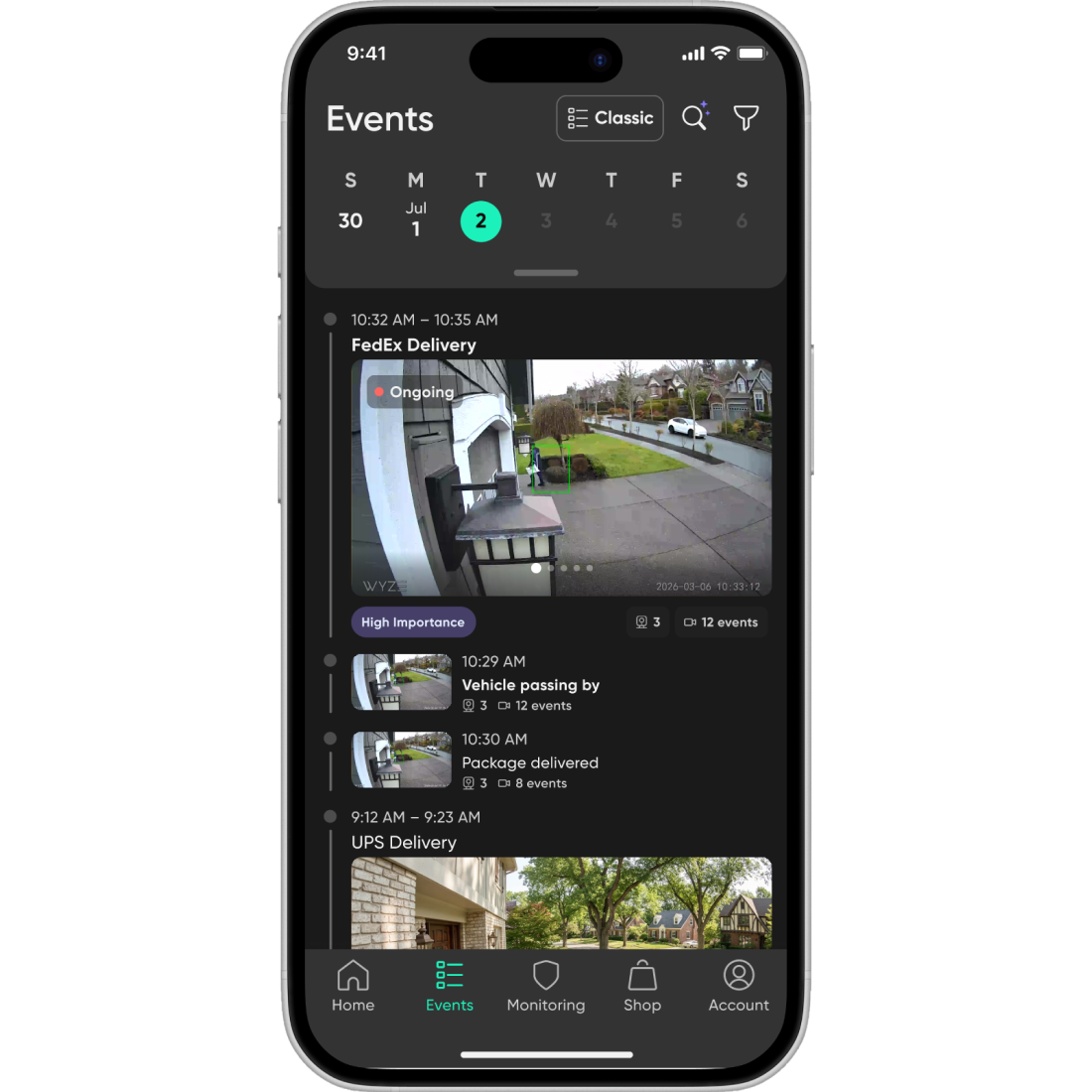 Smartphone displaying the Wyze app’s Events feed with grouped delivery recordings, vehicle detection, and package alerts.