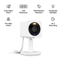 A white camera with a black cord.
