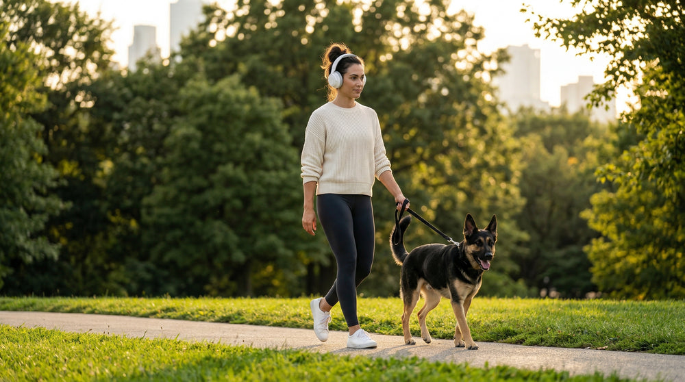Woman walking a dog on a leash in a park with trees and buildings in the background