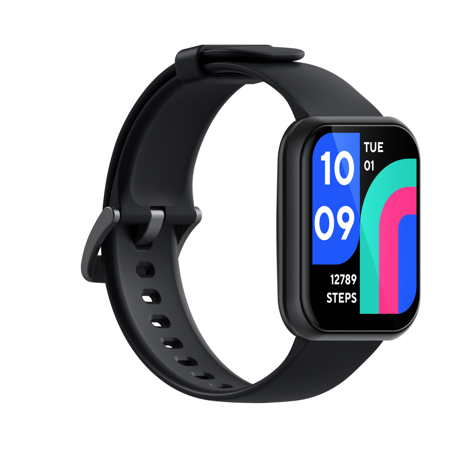 Black Wyze Watch 47c. Shows watch band and smart digital interface with an app screen open.