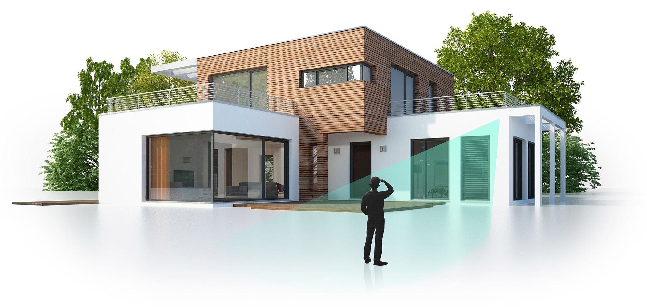 A man wearing a black shirt and black pants is standing in front of a house.