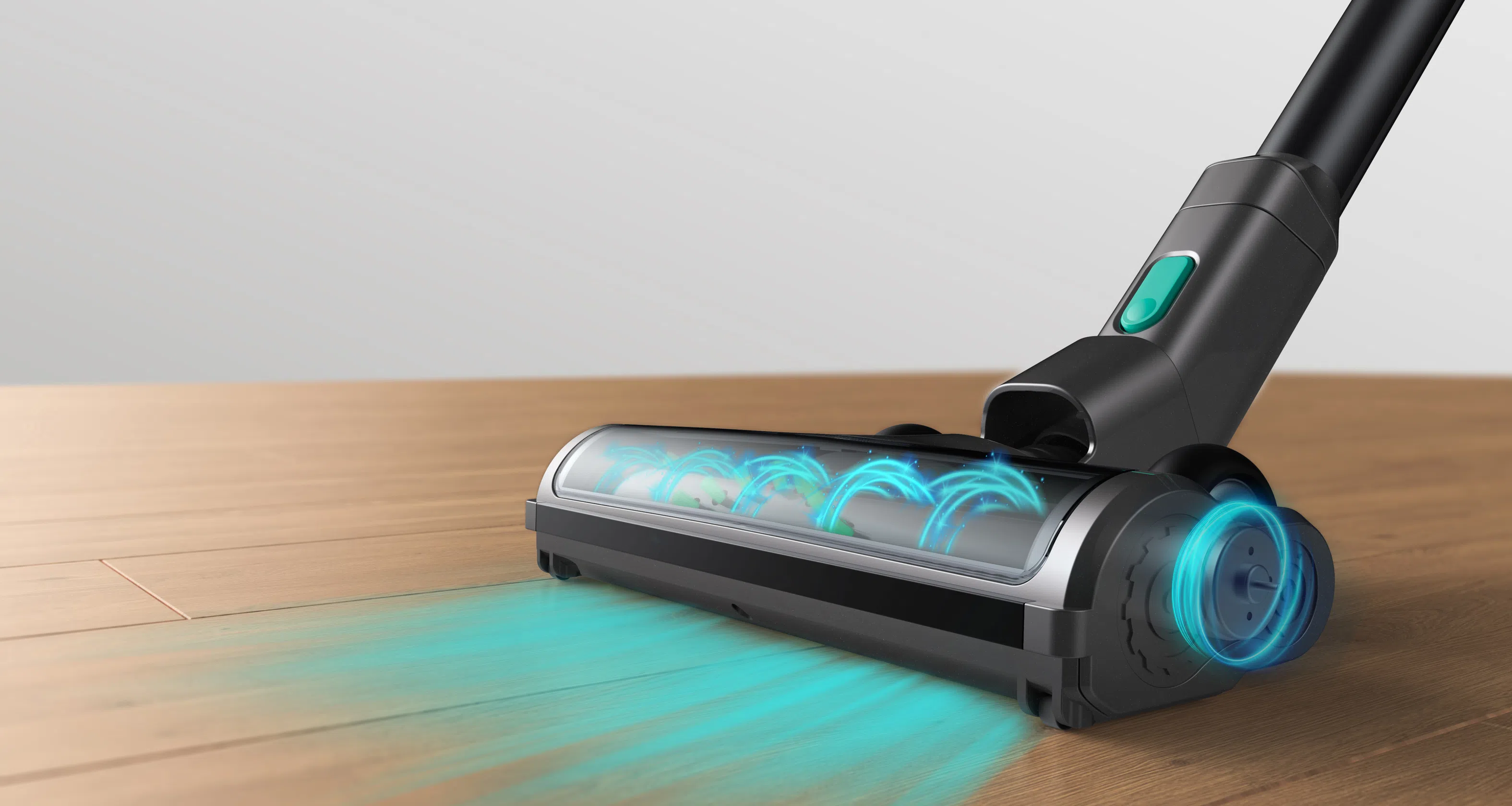 A black vacuum cleaner with blue lights on a wooden table.