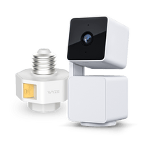 Wyze Lamp Socket v2 Bundle: A white lamp socket with a gold cap and a Pan v3 camera.