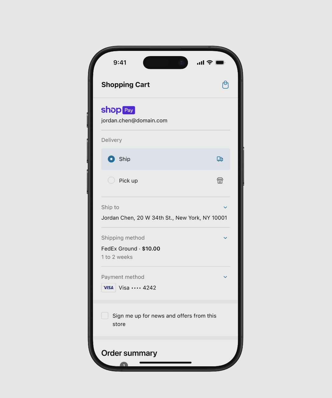 Video demonstrating a mobile checkout flow, showing a user transitioning from Shop Pay to a guest checkout to select TrueMed as their HSA/FSA payment method before completing the purchase.