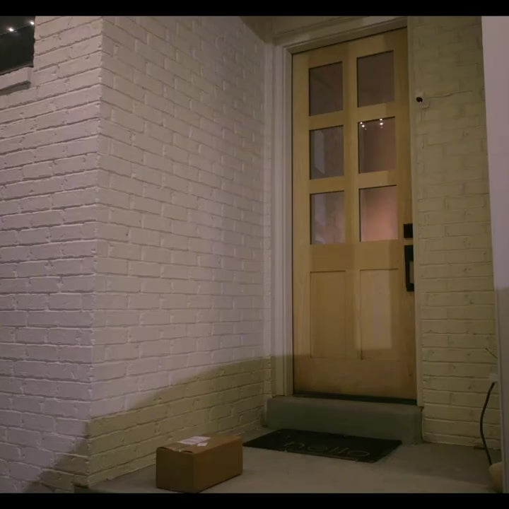 Load video: A hooded figure approaches the front porch to grab a package when a security camera spotlight turns on.