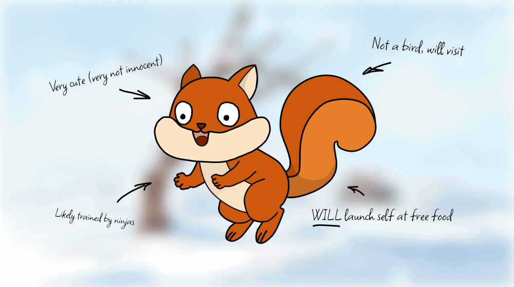 A cartoon of a squirrel with a sign that says "will launch self as ninja.