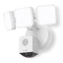 A white Wyze Cam Floodlight Pro security camera with a built-in floodlight.