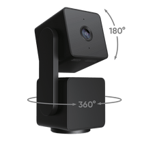 Die Wyze Cam Pan v3 in Nahaufnahme, die die 360°-Schwenk- und 180°-Neigefunktionen zeigt.