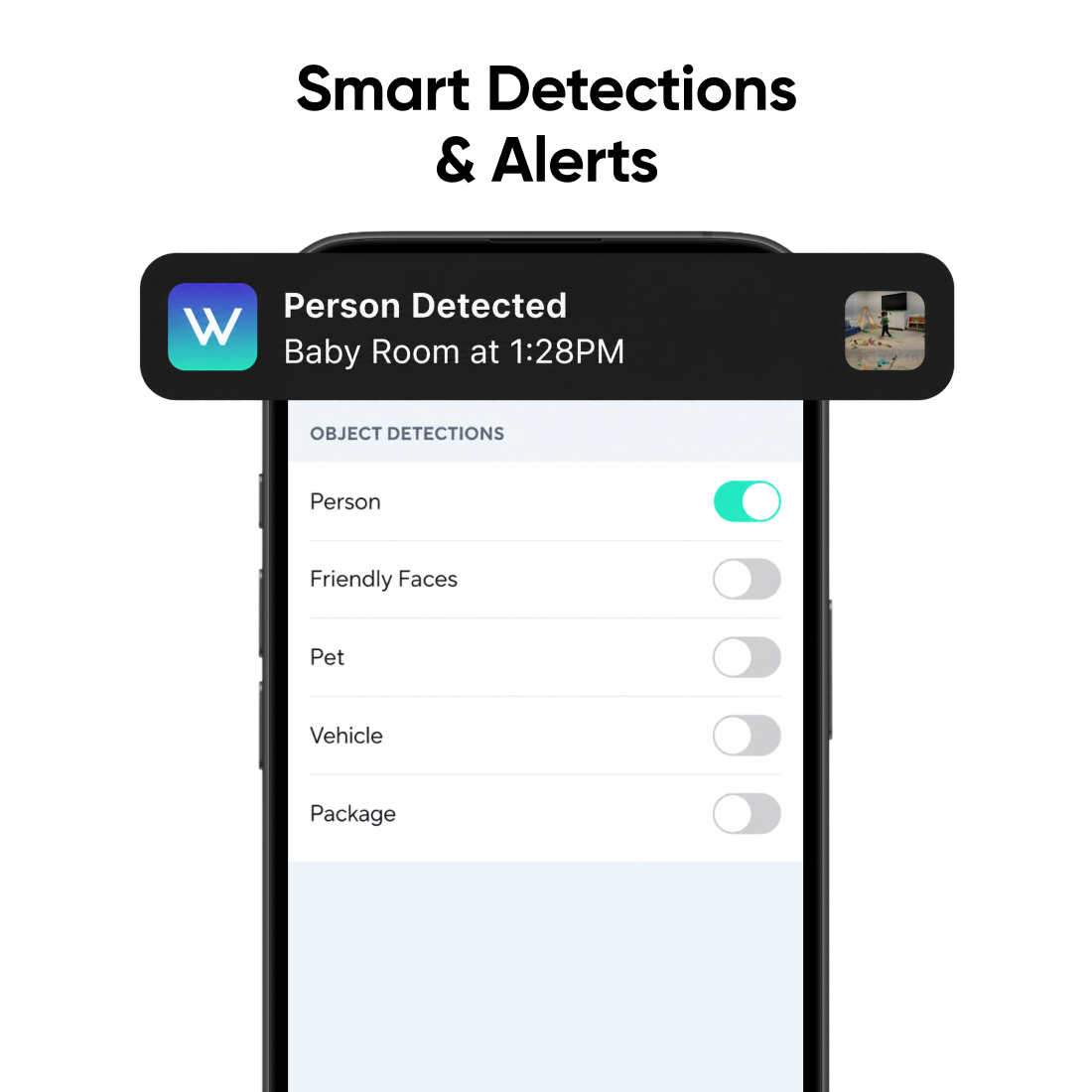 Wyze app smart detection settings with person detection enabled and a “Person Detected” notification from the baby room camera.