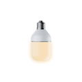 A white bulb with a yellow base, sitting on a green background.