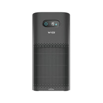 A black and grey air purifier with a blue light on the front.