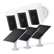 Wyze Battery Cam Pro in white with a spotlight and siren.
