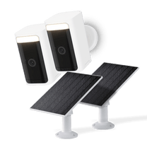 Wyze Battery Cam Pro in white with a solar panel attached, providing wire-free, no hub required.