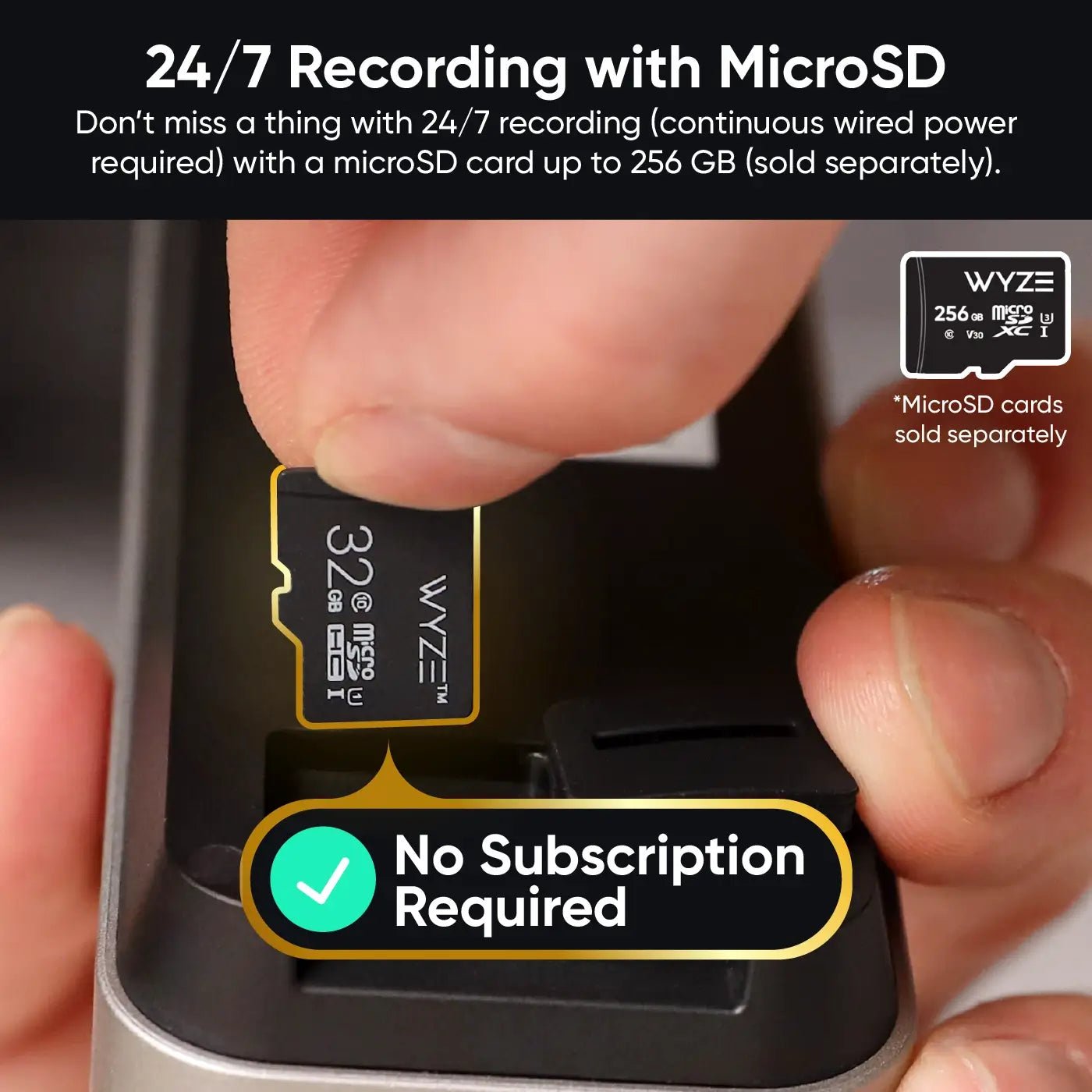 Hand inserting a microSD card into a device with Wyze branding, highlighting 24/7 recording capability.