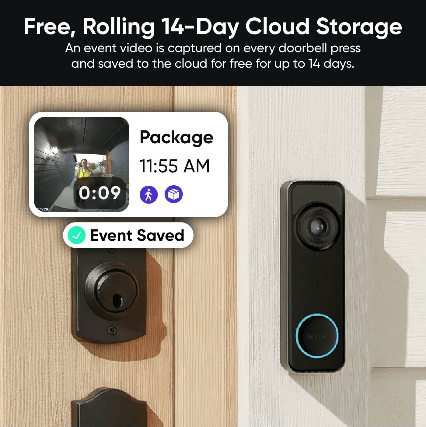 Smart doorbell with cloud storage feature displayed on a wooden door.
