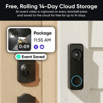 Wyze Battery Video Doorbell with cloud storage feature displayed on a wooden door.