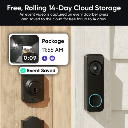 Smart doorbell with cloud storage feature displayed on a wooden door.
