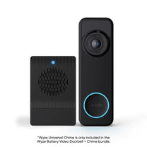 A black Wyze Battery Video Doorbell with a blue button.